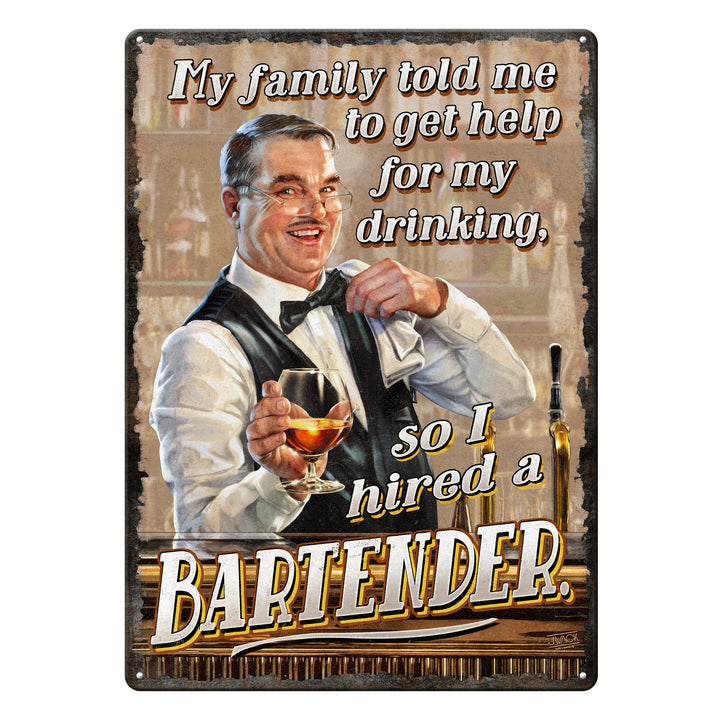 Metal Tin Signs, Funny, Vintage, Personalized 12-Inch x 17-Inch - Hired Bartender