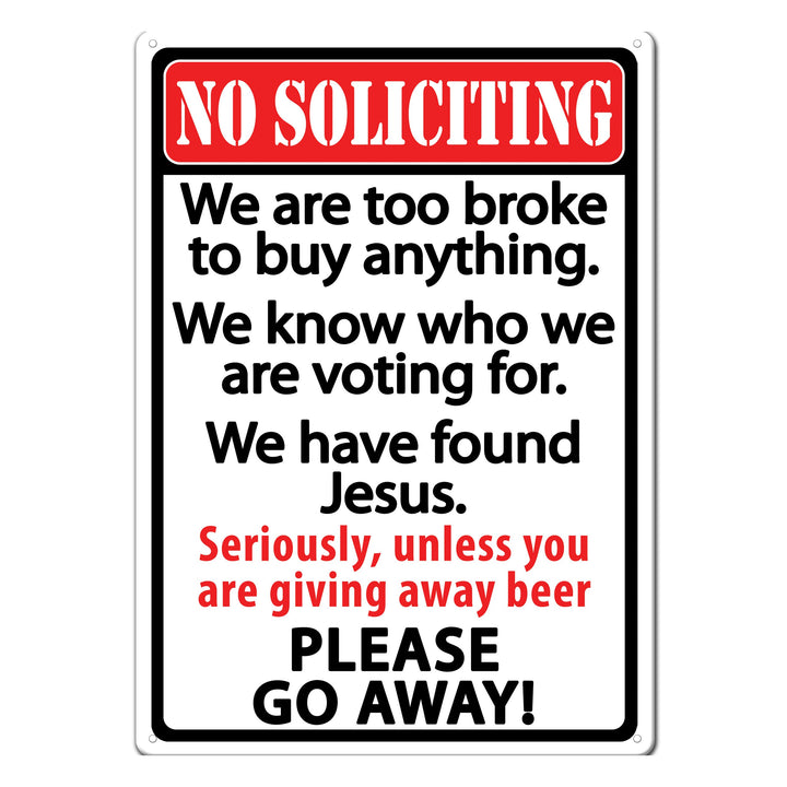 Metal Tin Signs, Funny, Vintage, Personalized 12-Inch x 17-Inch - No Soliciting