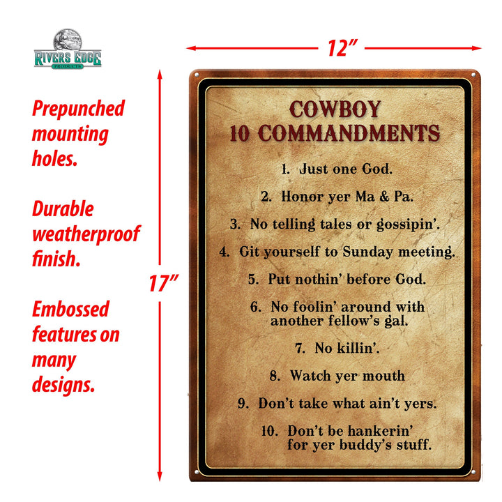 Metal Tin Signs, Funny, Vintage, Personalized 12-Inch x 17-Inch - Cowboy 10 Commandments