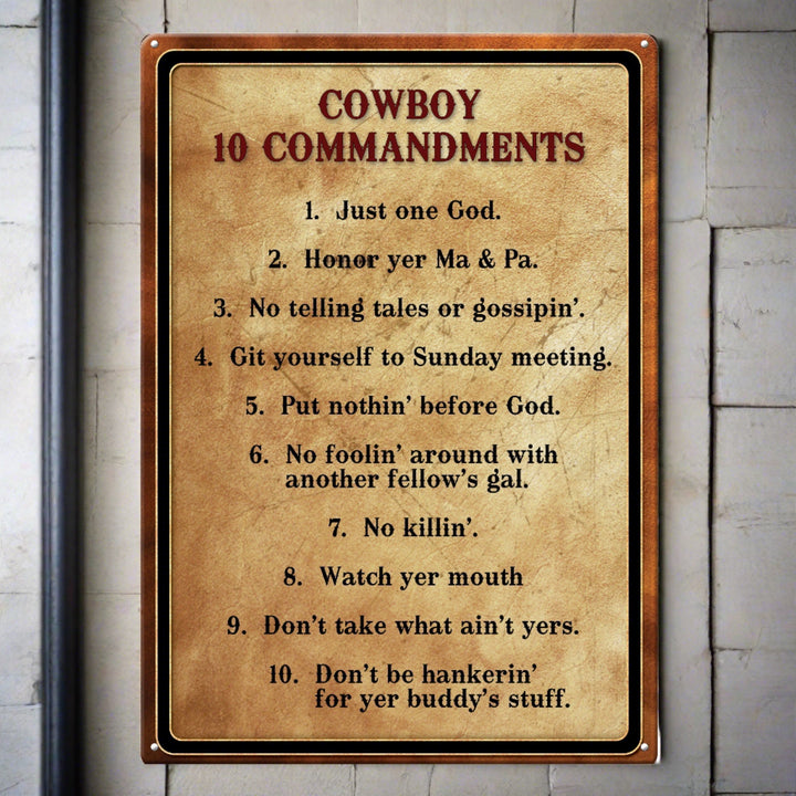 Metal Tin Signs, Funny, Vintage, Personalized 12-Inch x 17-Inch - Cowboy 10 Commandments