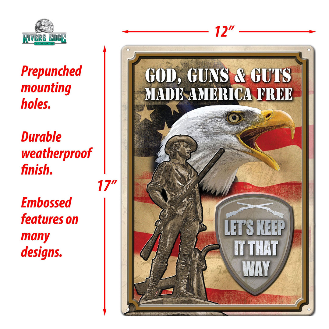 Metal Tin Signs, Funny, Vintage, Personalized 12-Inch x 17-Inch - God, Guns, Guts