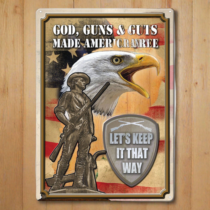 Metal Tin Signs, Funny, Vintage, Personalized 12-Inch x 17-Inch - God, Guns, Guts