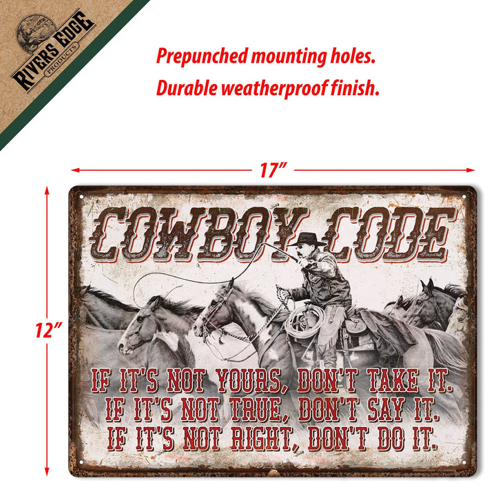 Metal Tin Signs, Funny, Vintage, Personalized 12-Inch x 17-Inch - Cowboy Code