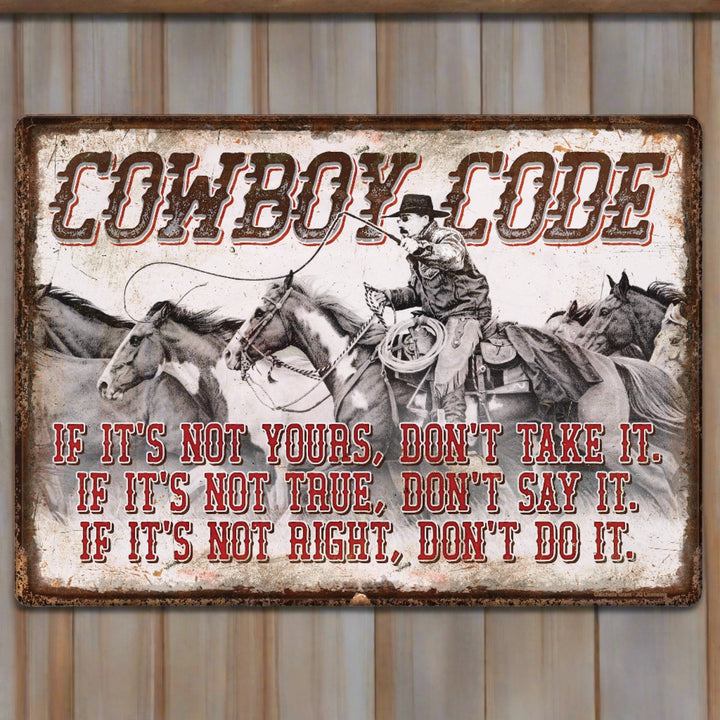 Metal Tin Signs, Funny, Vintage, Personalized 12-Inch x 17-Inch - Cowboy Code