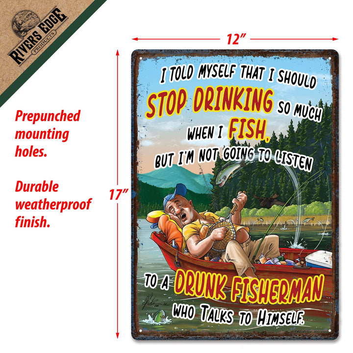 Metal Tin Signs, Funny, Vintage, Personalized 12-Inch x 17-Inch - Fishing Drinking