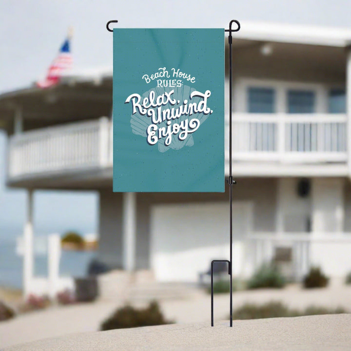 Lawn Yard Decor Double Sided Flag 14-Inch x 22-Inch with Pole - Beach House Rules Relax, Unwind, Enjoy