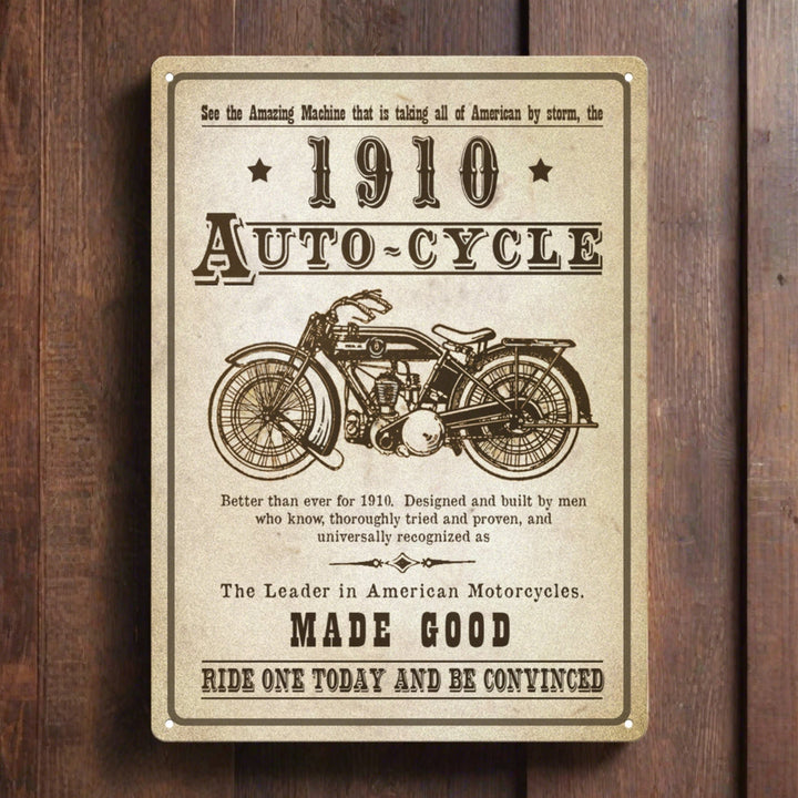 Metal Tin Signs, Funny, Vintage, Personalized 12-Inch x 17-Inch - 1910 Auto-Cycle