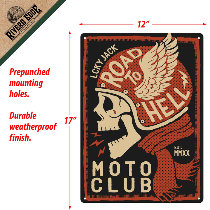 Metal Tin Signs, Funny, Vintage, Personalized 12-Inch x 17-Inch - Skull Moto Club