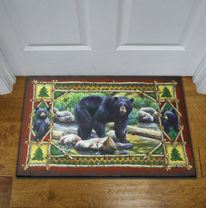 Door Mat Rubber 26-inches by 17-inches - Waterfall Mama Bear with Cubs