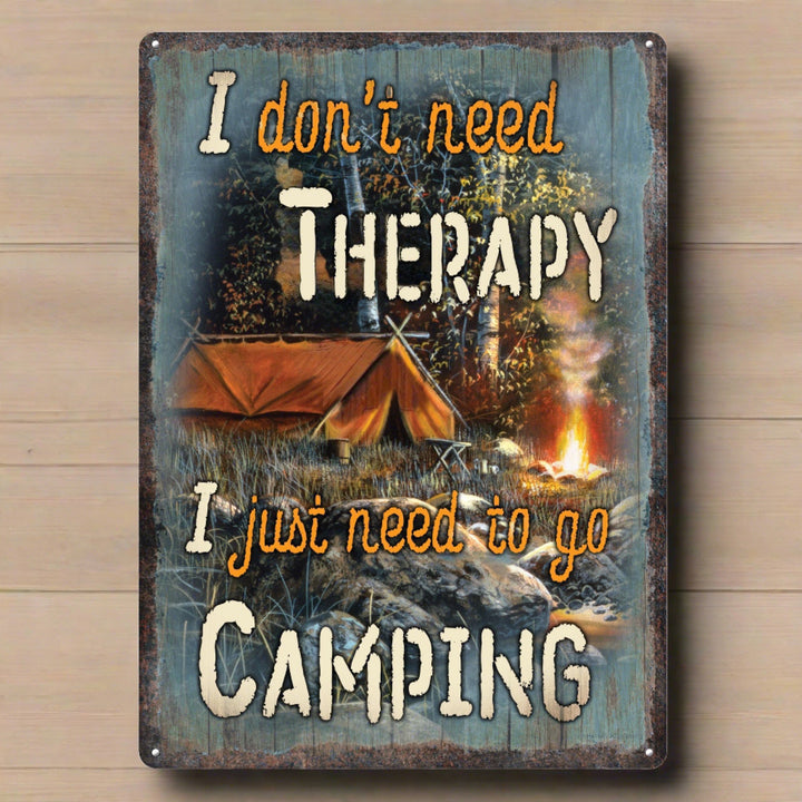 Metal Tin Signs, Funny, Vintage, Personalized 12-Inch x 17-Inch - Therapy Camping