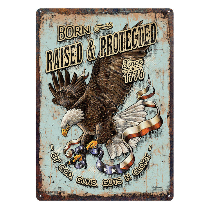 Metal Tin Signs, Funny, Vintage, Personalized 12-Inch x 17-Inch - Born Raised and Protect